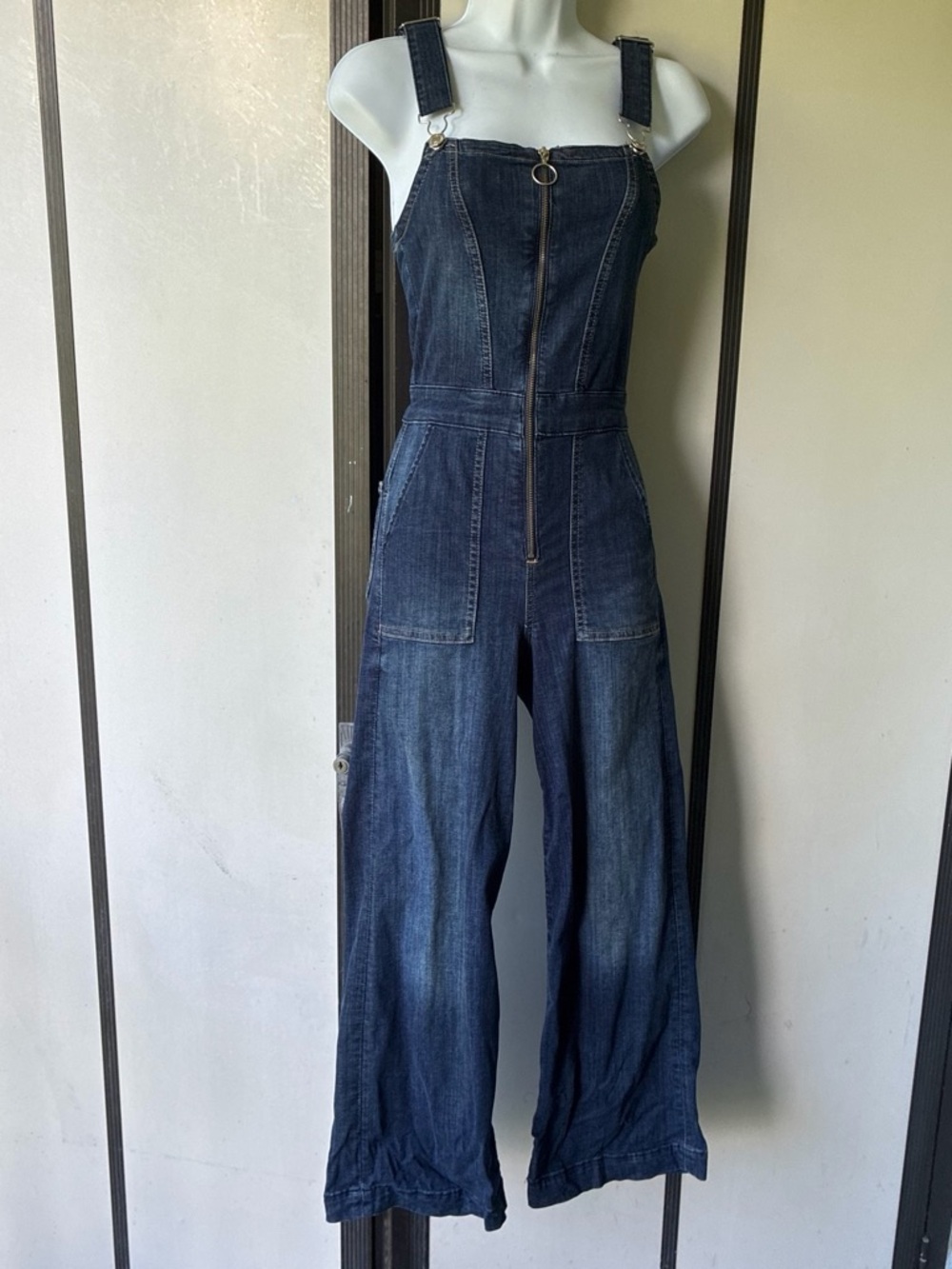 H&M Dark Blue Denim Zip-Front Wide-Leg Jumpsuit